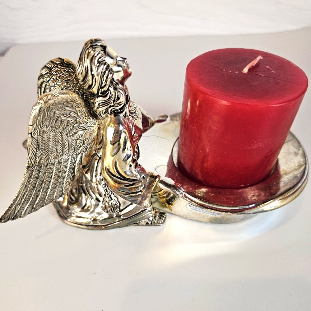 Angel Votive Holder with Candle silverplated VTG